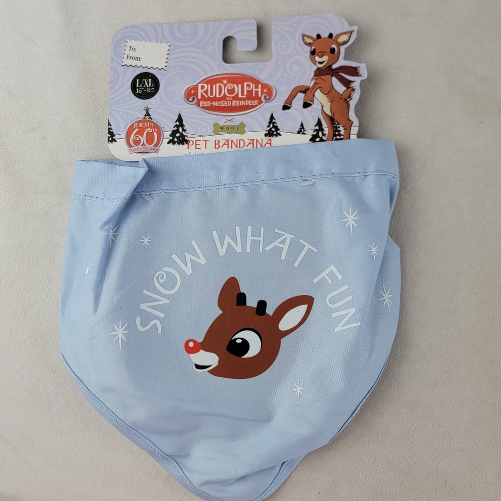 Rudolph Red Nosed Reindeer Pet Dog Cat Bandana Blue Snow What Fun L XL Holiday
